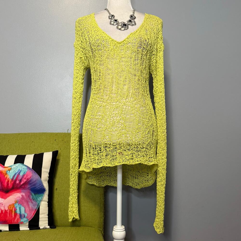 Remain Neon Yellow Cotton Open Knit Pullover Sweater